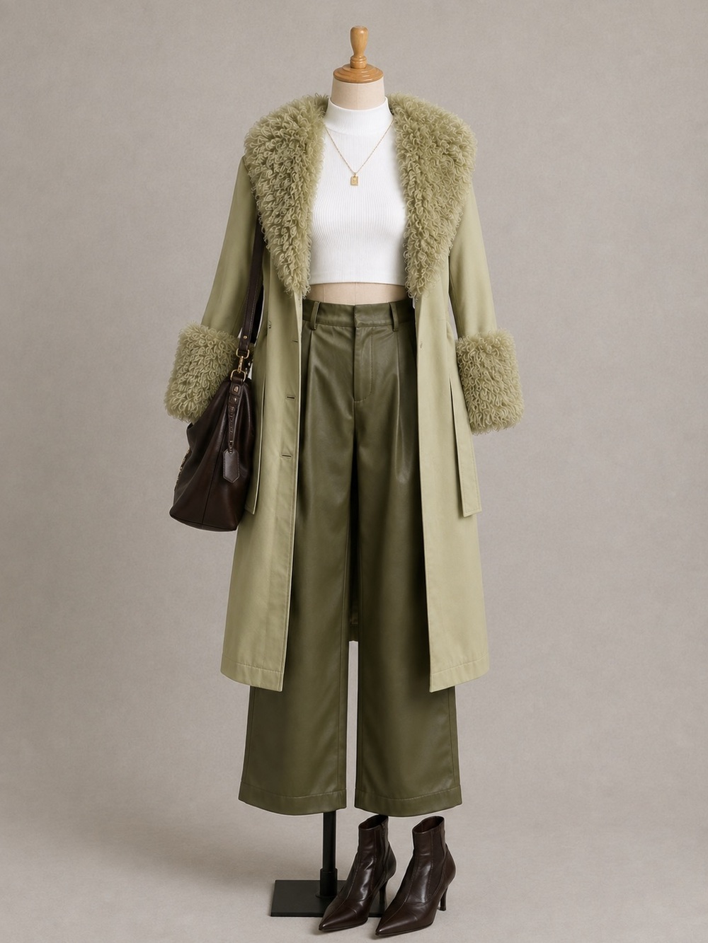 Sans Souci Olive Green Satin Cargo Wide-Leg Pants